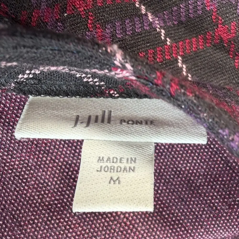 J.Jill Women’s Medium Plaid Ponte Shirt 3/4 Sleeve Button Pleat Black Red Purple
